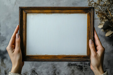 The girl holds a frame with a white background, for backgrounds. for advertising. for business.