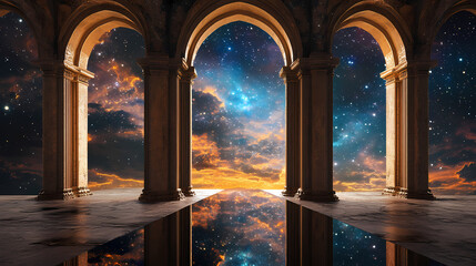 Wall Mural - Mirrored galaxy archway twilight window reflection space landscape. Mirrored. Illustration