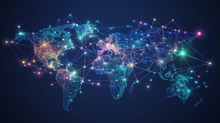 Wall Mural - Stylized global network composition showcasing a world map connected by vibrant points and lines, illustrating the concept of international business connectivity.
