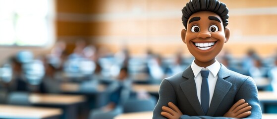 A cartoon man in a suit and tie is smiling