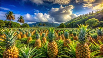 Wall Mural - Vibrant Tropical Landscape Featuring Pineapples Surrounded by Lush Greenery and Clear Blue Skies, Perfect for Summery Themes and Fresh Produce Imagery in Nature Photography