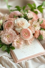 Poster - Elegant floral arrangement with soft pastels on a textured backdrop during a bright daytime setting