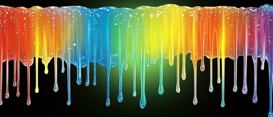 Wall Mural - Colorful rainbow of liquid drips down a black background. The colors are vibrant and the liquid appears to be flowing freely. Concept of movement and energy, as if the colors are alive