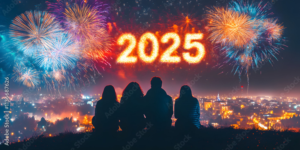 New Year Eve 2025 celebration 3D letter fireworks night sky, confetti ...