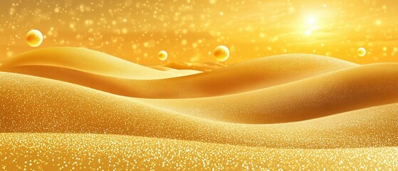 Sticker - Desert landscape with a sun in the sky and a few small balls scattered around. The scene is warm and inviting, with the sun shining brightly on the golden sand. The small balls add a touch of whimsy