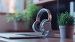 © P.G - A modern wireless headset resting on a sleek charging stand beside a laptop