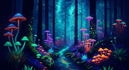 Wall Mural - a psychedelic forest with fluorescent trees, bioluminescent plants, and glowing mushrooms.