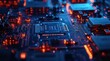 © NipaArts - Close-up of illuminated circuit board with processors and microchips.