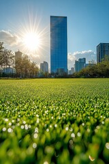 Wall Mural - Sunlight illuminates a modern skyscraper behind lush green grass in an urban park