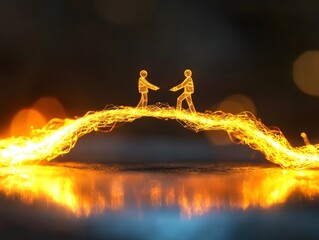 Poster - Two miniature figures connecting and bridging a glowing path of sparks, symbolizing friendship, cooperation, and unity in a creative artistic illustration.