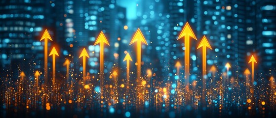 Wall Mural - series of arrows pointing upwards in a cityscape. the arrows are orange and the background is blue. 