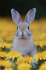 Canvas Print - Cute rabbit stands among bright yellow dandelions in a vibrant spring meadow