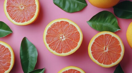 Canvas Print - Freshly sliced oranges surrounded by green leaves on a pink backdrop