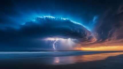 Wall Mural - stormy sky with a large cloud and lightning bolts. the sky is dark and the ocean is calm