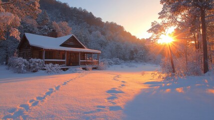 Poster - Beautiful mountain cabin surrounded by snow under a vibrant sunset sky