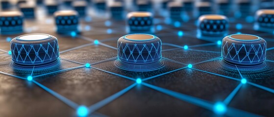 Wall Mural - close-up of a computer chip with a blue and white background. the chip is surrounded by a network of