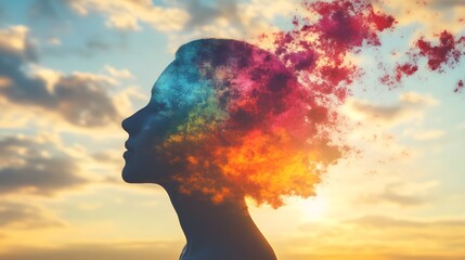 Poster - Profile of a woman with colorful smoke and clouds merging into her head, symbolizing creativity, imagination, and the power of thoughts against a vibrant sunset backdrop