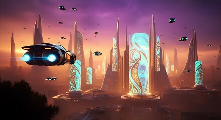 Wall Mural - a futuristic cityscape with holographic buildings, flying cars, and glowing purple skies.
