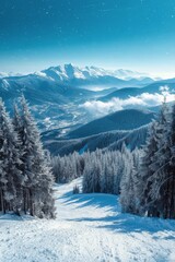 Snowy mountain landscape with frozen lake and clear blue sky in winter season