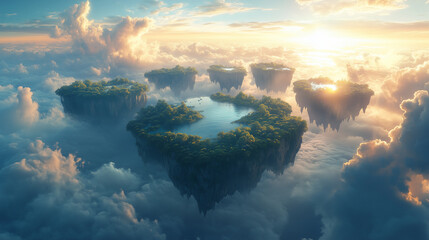 Wall Mural - Dreamlike floating islands surrounded by clouds at sunrise over a serene landscape