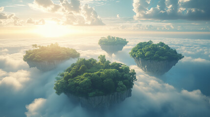 Wall Mural - Dreamlike floating islands surrounded by soft clouds bathed in warm sunlight