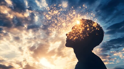Aufkleber - Silhouette of a Person with Stars and Light Effects Representing Imagination, Creativity, Dreams, and Inner Thoughts Against a Dramatic Sky Background