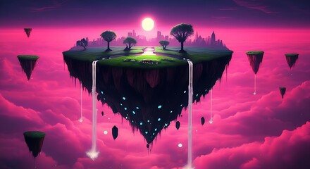 Wall Mural - a floating island with upside-down waterfalls, glowing grass, and a vibrant pink sky.