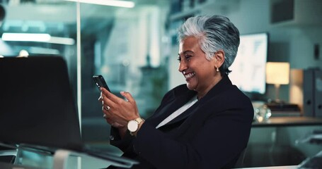 Poster - Laugh, office and business woman with phone for funny joke, humor and social media on break. Professional, corporate manager and mature person on smartphone for internet, website and online chatting