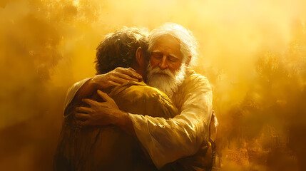 Wall Mural - the prodigal son is embraced by his father bathed in the golden light of reconciliation. embrace. il
