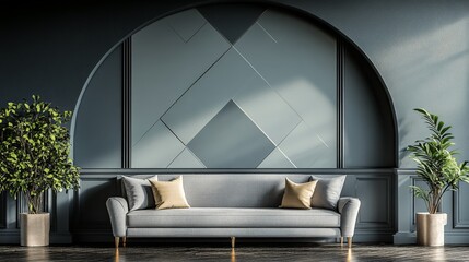 Poster - Stylish modern living room with gray sofa and abstract wall art in contemporary design