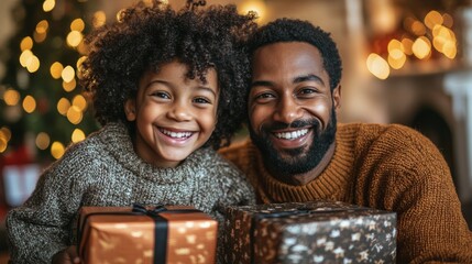 Poster - Family enjoys holiday gift opening around a decorated Christmas tree in a cozy setting