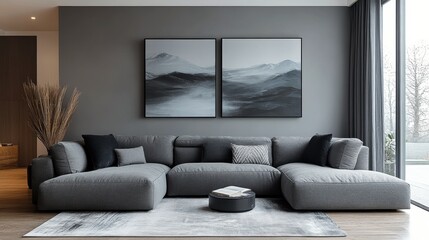 Canvas Print - Stylish modern living room with gray sofa and abstract wall art in contemporary design