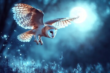 A hunting Barn Owl in mid-flight, depicted in a wildlife scene set in a wild forest. The flying bird is identified as tito alba