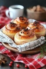 Wall Mural - Delicious holiday pastry decorated with cranberries and spices on rustic wooden platter