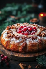 Wall Mural - Delicious holiday pastry decorated with cranberries and spices on rustic wooden platter