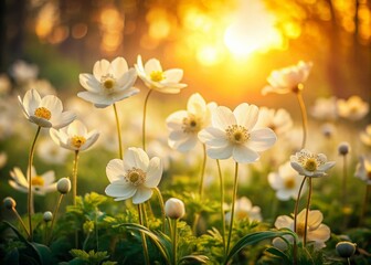 Wall Mural - Vintage Style Photography of a Serene Field of Beautiful White Anemone Flowers Under a Soft Golden Light with a Dreamy Atmosphere and Nostalgic Charm