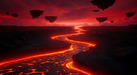 Wall Mural - a river of glowing lava flowing through a dark, otherworldly landscape with floating rocks.