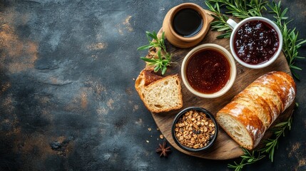 Canvas Print - Freshly baked bread topped with berry preserves on a rustic wooden table