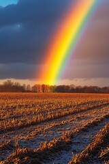 Poster - Vibrant rainbow arcs over lush green hills at sunset in a tranquil countryside setting