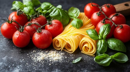 Wall Mural - Fresh ingredients for a delicious pasta dish with tomatoes and basil laid out for cooking