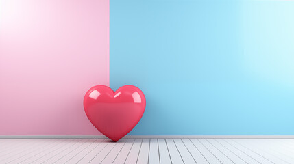 Poster - A red heart is sitting on a white floor in front of a blue wall