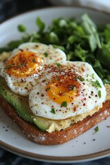 Wall Mural - Delicious avocado toast topped with poached eggs served with fresh greens in a stylish setting