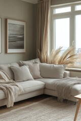 Poster - Cozy living room with warm tones in a serene home setting during daylight