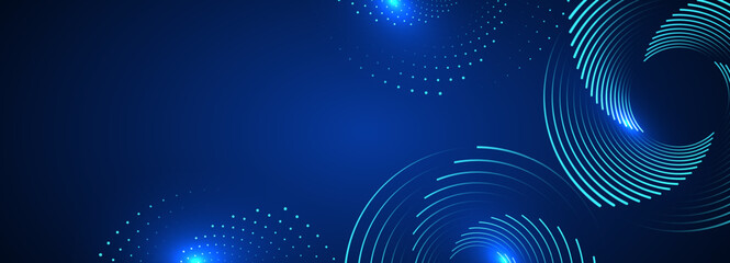 Poster - dynamic abstract background with blue circular lines and dot pattern for technology concept.