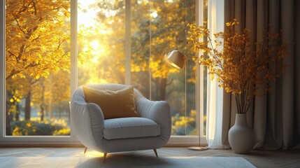 Poster - Cozy armchair by a large window with autumn foliage and warm sunlight