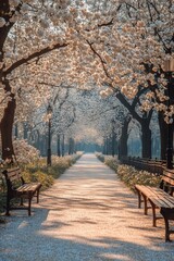 Canvas Print - Serene cherry blossom pathway in a city park during spring morning