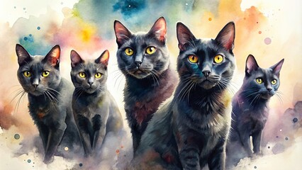 Naklejka na meble Watercolor Black Cat Painting, Black Cat Art Print, Cute Black Cat Illustration, White Background, Pet Portrait, Feline Artwork, Whimsical Cat Design