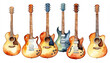 © SUNNY DAY STUDIO - Watercolor painting featuring a vibrant collection of uniquely designed guitars against a clean white backdrop, highlighting the beauty and diversity of musical instruments.