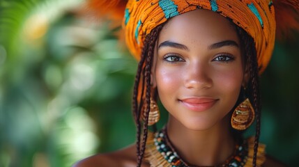 Young woman wearing traditional African attire in natural setting