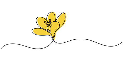 Spring crocus flower in continuous line art drawing style. Minimalist black linear sketch isolated on white background. Vector illustration, Spring crocus flower in continuous line art drawing style.